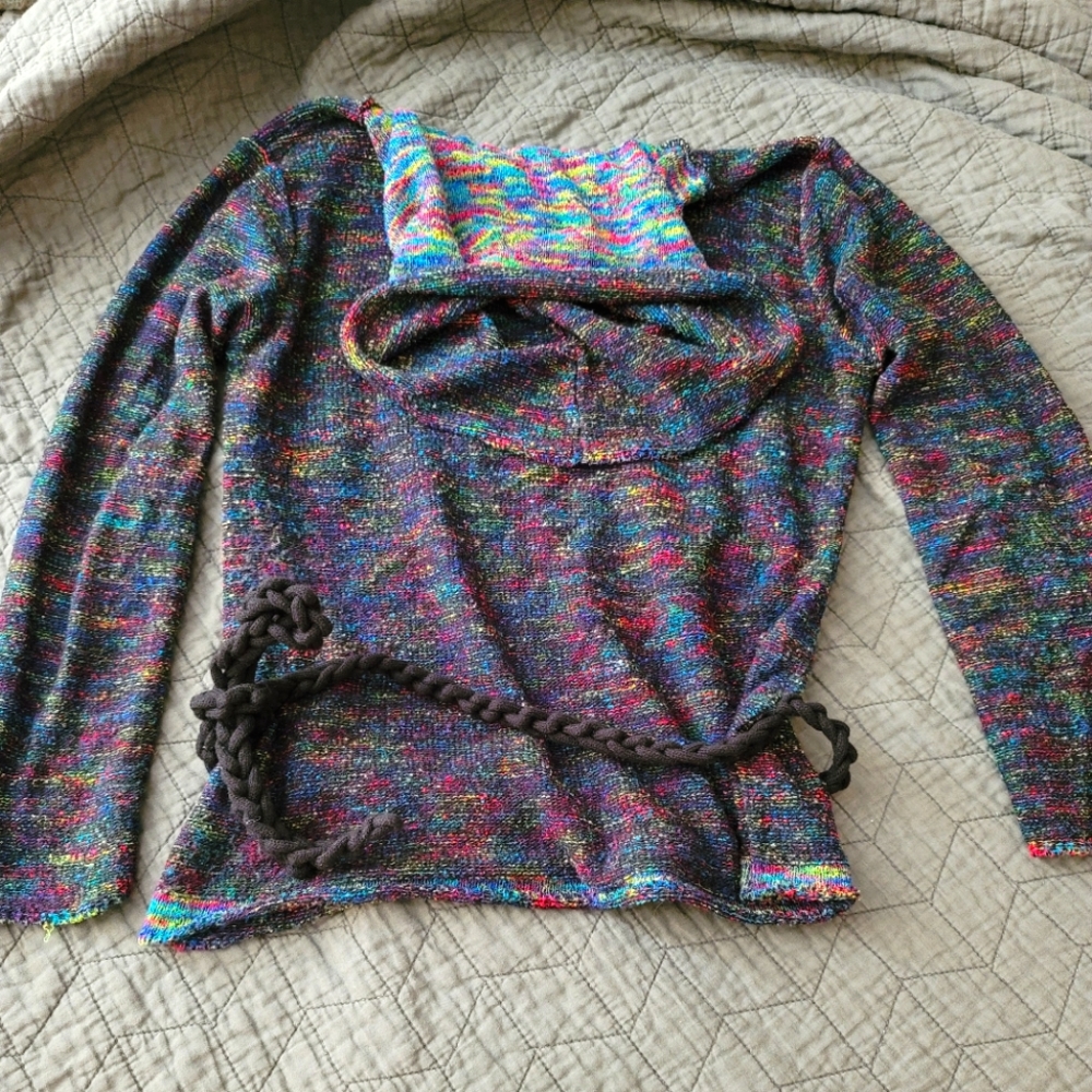 Small, colorful cowl neck sweater